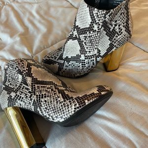Bamboo suede bootie with metallic heel